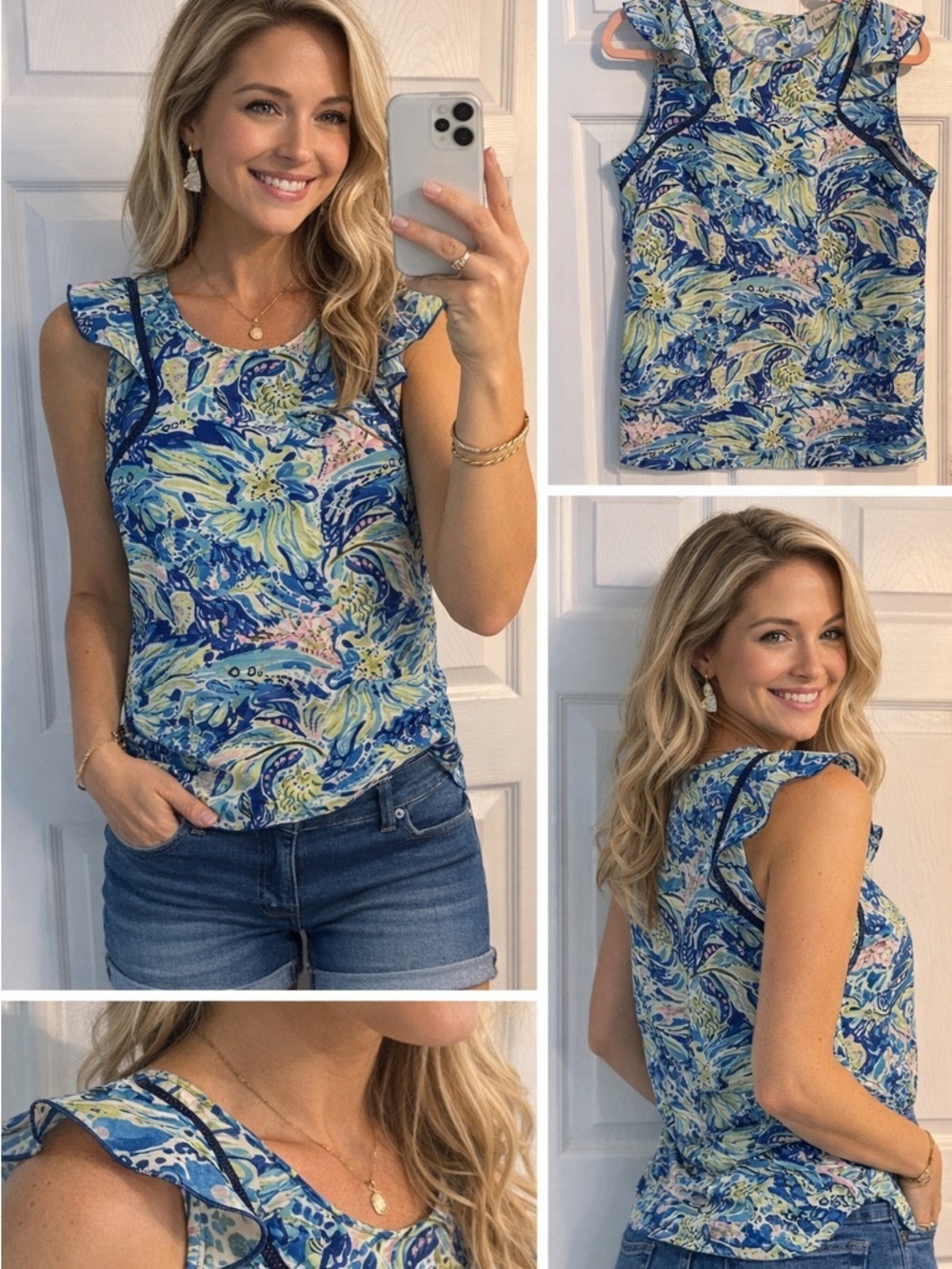 Charlie Paige Blue Green Floral Ruffle Sleeve Blouse